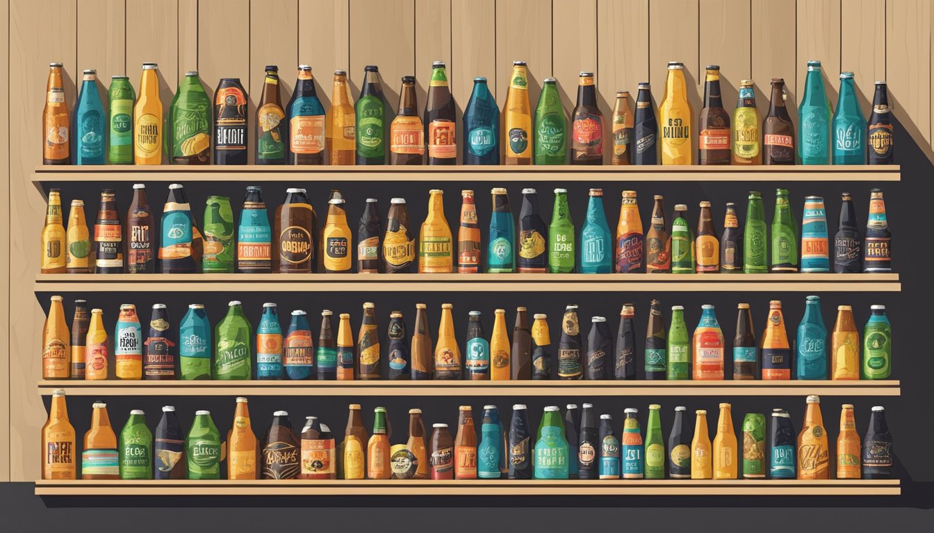 A row of colorful craft beer bottles and cans line the shelves, with labels featuring unique artwork and bold typography