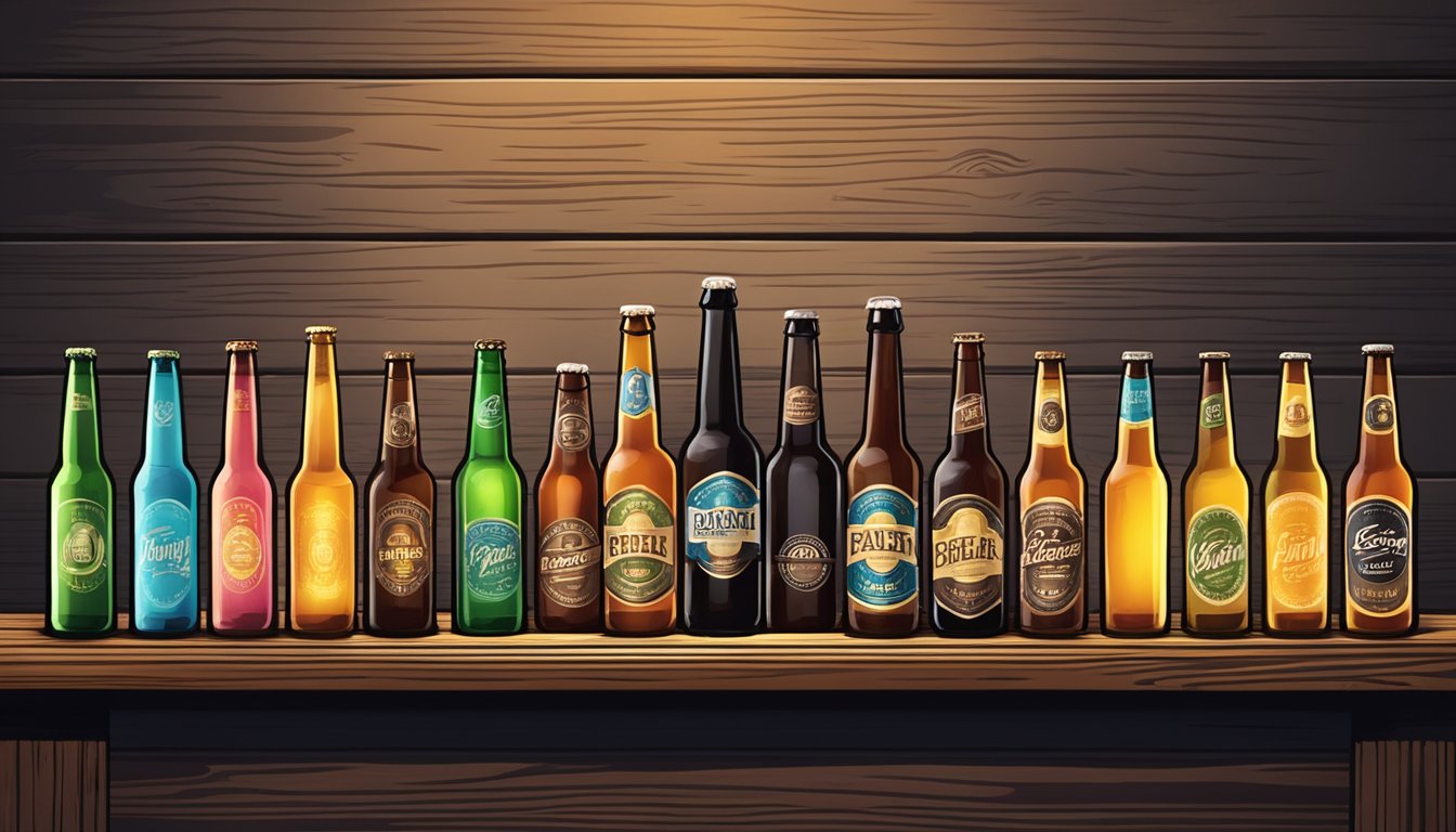 A row of colorful craft beer bottles on a rustic wooden bar, illuminated by a spotlight