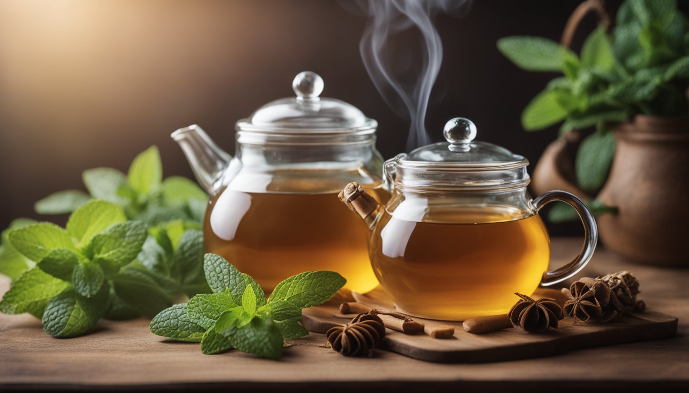 A steaming teapot on a wooden table, surrounded by mint sprigs and dried leaves. A jar of honey with a wooden dipper sits nearby