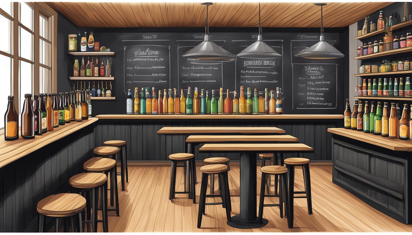 A cozy tasting room with rustic wooden tables, a chalkboard menu, and shelves lined with local craft beer bottles and tap handles