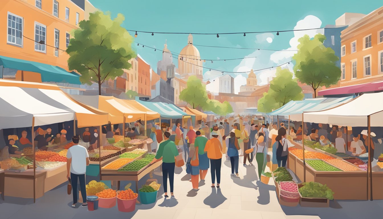 A bustling outdoor market with colorful food stalls and live music, surrounded by local craft breweries and cheerful patrons