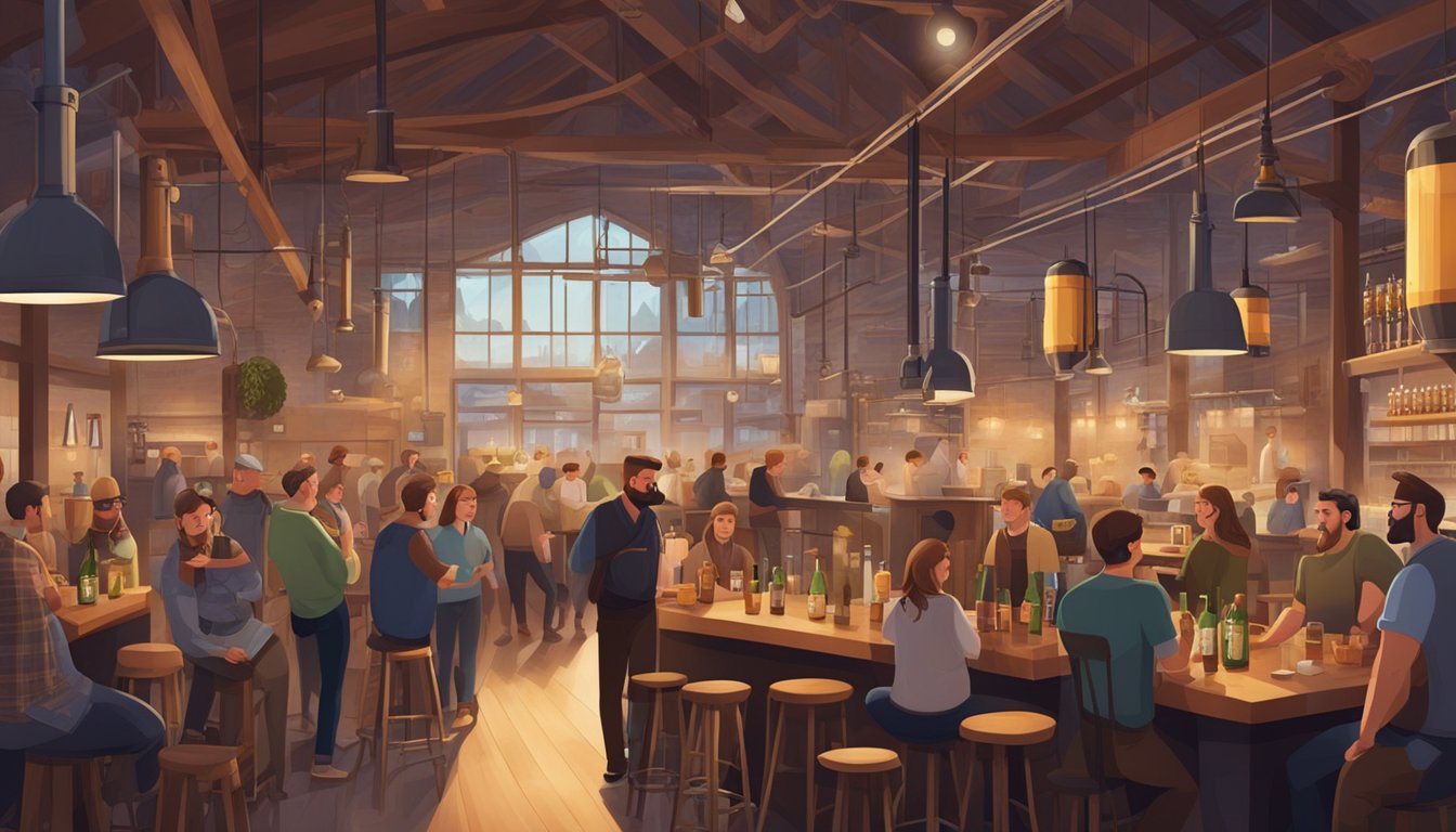 A bustling brewery scene with patrons enjoying local craft beers, surrounded by industrial brewing equipment and a cozy, inviting atmosphere