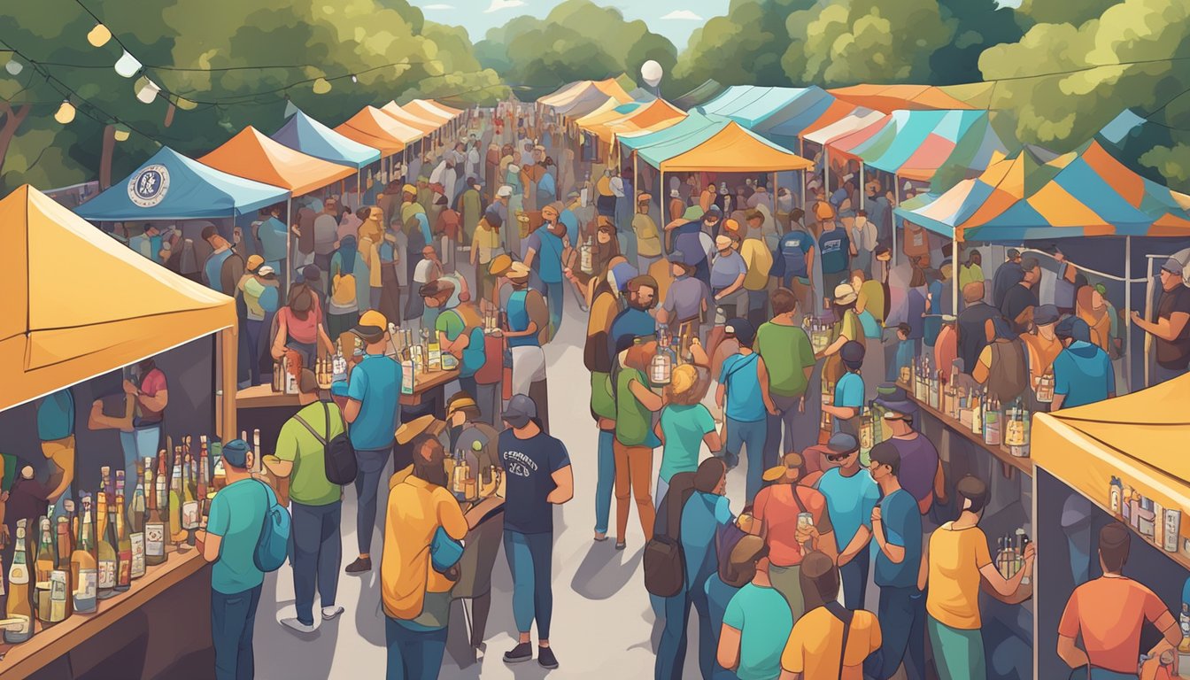 A bustling craft beer festival with rows of colorful taps and beer enthusiasts sampling and socializing