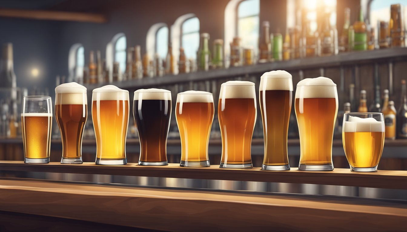 A row of beer glasses filled with various styles of craft beer, with fermentation tanks in the background