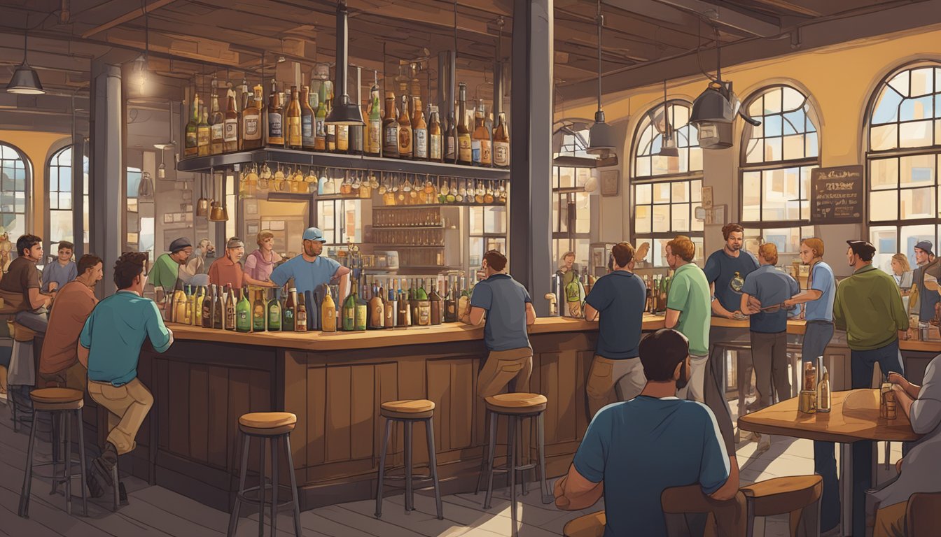 A bustling brewery scene with patrons sampling craft beers, chatting at tables, and a bartender pouring pints behind the bar