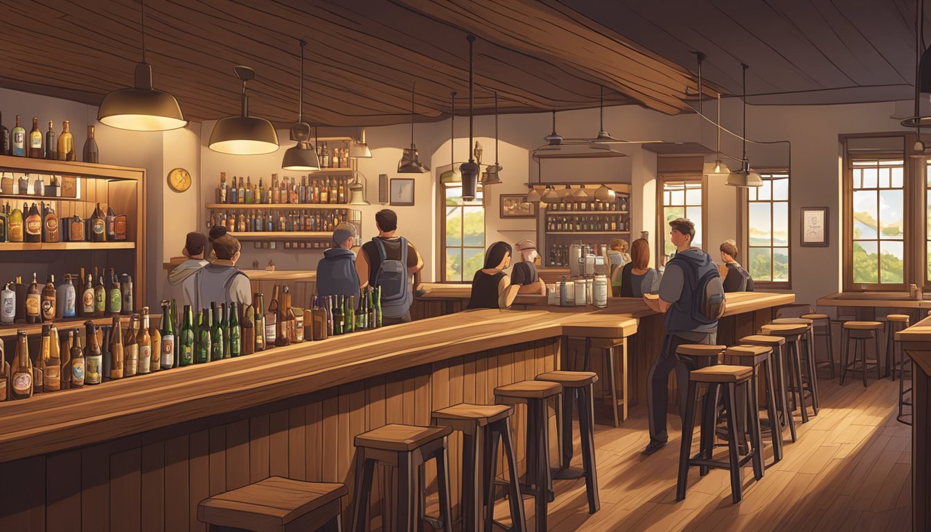 A bustling taproom with a variety of craft beer taps, wooden bar stools, and cozy lighting creating a warm and inviting atmosphere