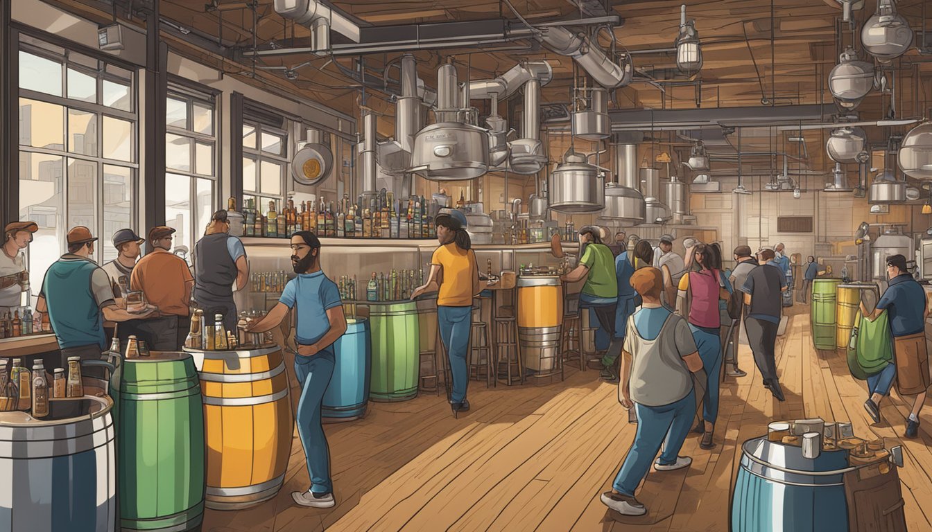 A bustling brewery scene with various beer styles and innovative flavors on display in a Boston craft beer guide