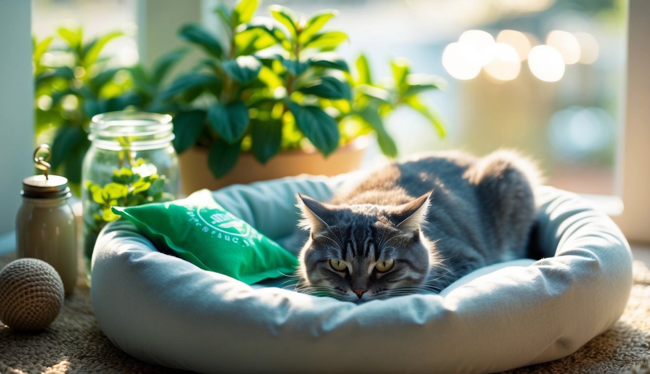 A cat bed with mint sachet, toy, and jar. Sunlight highlights fresh mint sprigs, creating a cozy, clean atmosphere