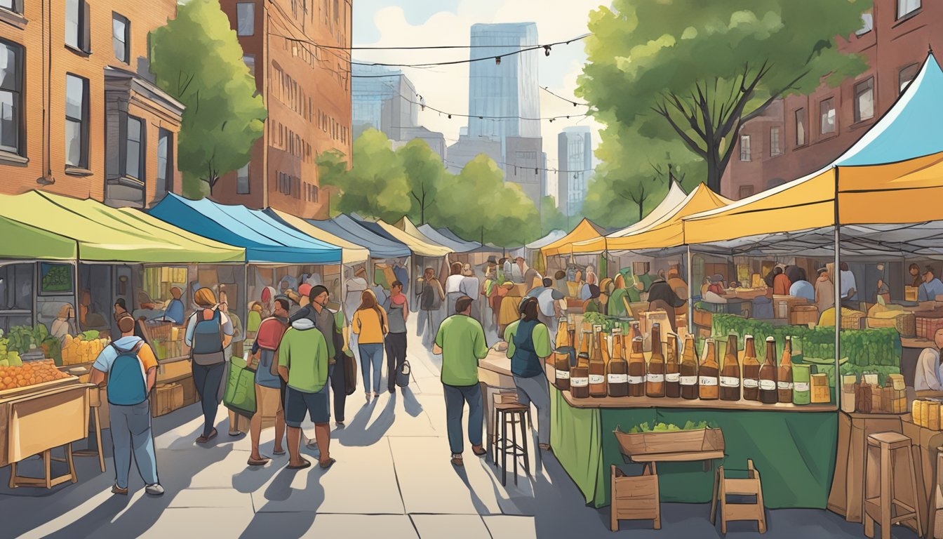 A bustling street market with colorful tents and banners, showcasing a variety of local craft beer from Boston, MA. People gather around, chatting and sampling drinks, while vendors proudly display their sustainable brewing practices