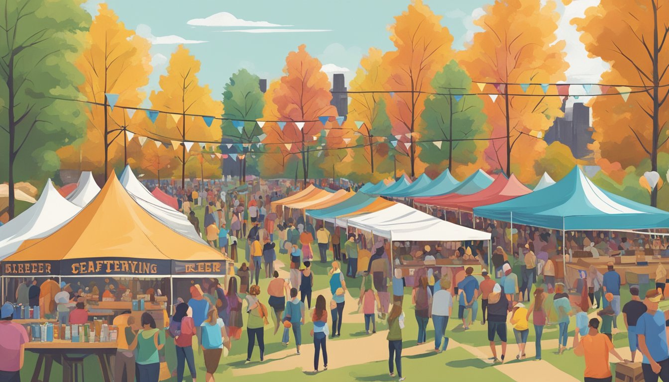 A bustling craft beer festival in Lansing, MI, with rows of colorful tents and people sampling various brews. Music fills the air as vendors showcase their unique beverages