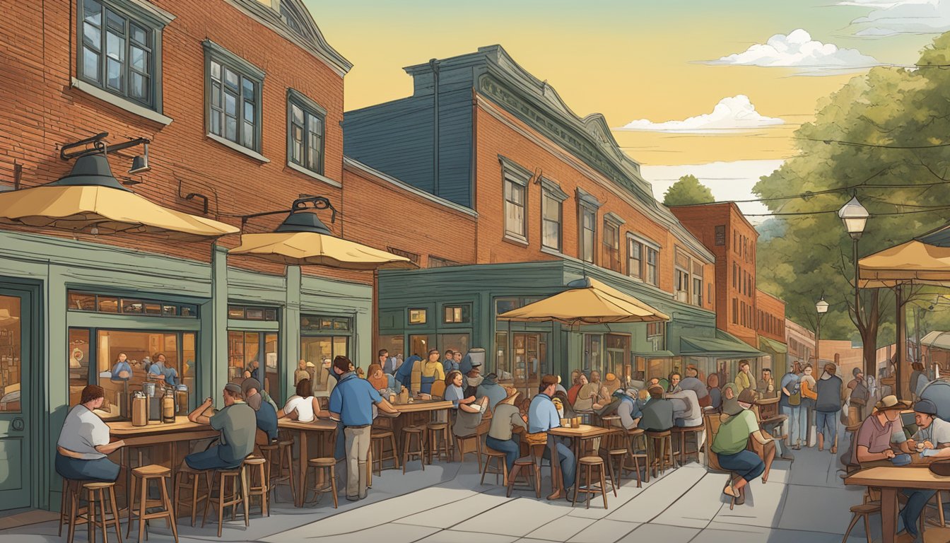 A bustling brewery scene with patrons enjoying craft beer, outdoor seating, and a lively atmosphere in Lowell, MA