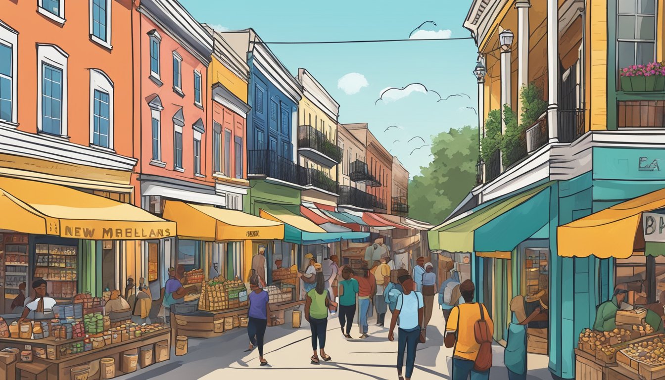 A bustling street market with colorful storefronts showcasing a variety of craft beer from local retailers and merchants in New Orleans, Louisiana