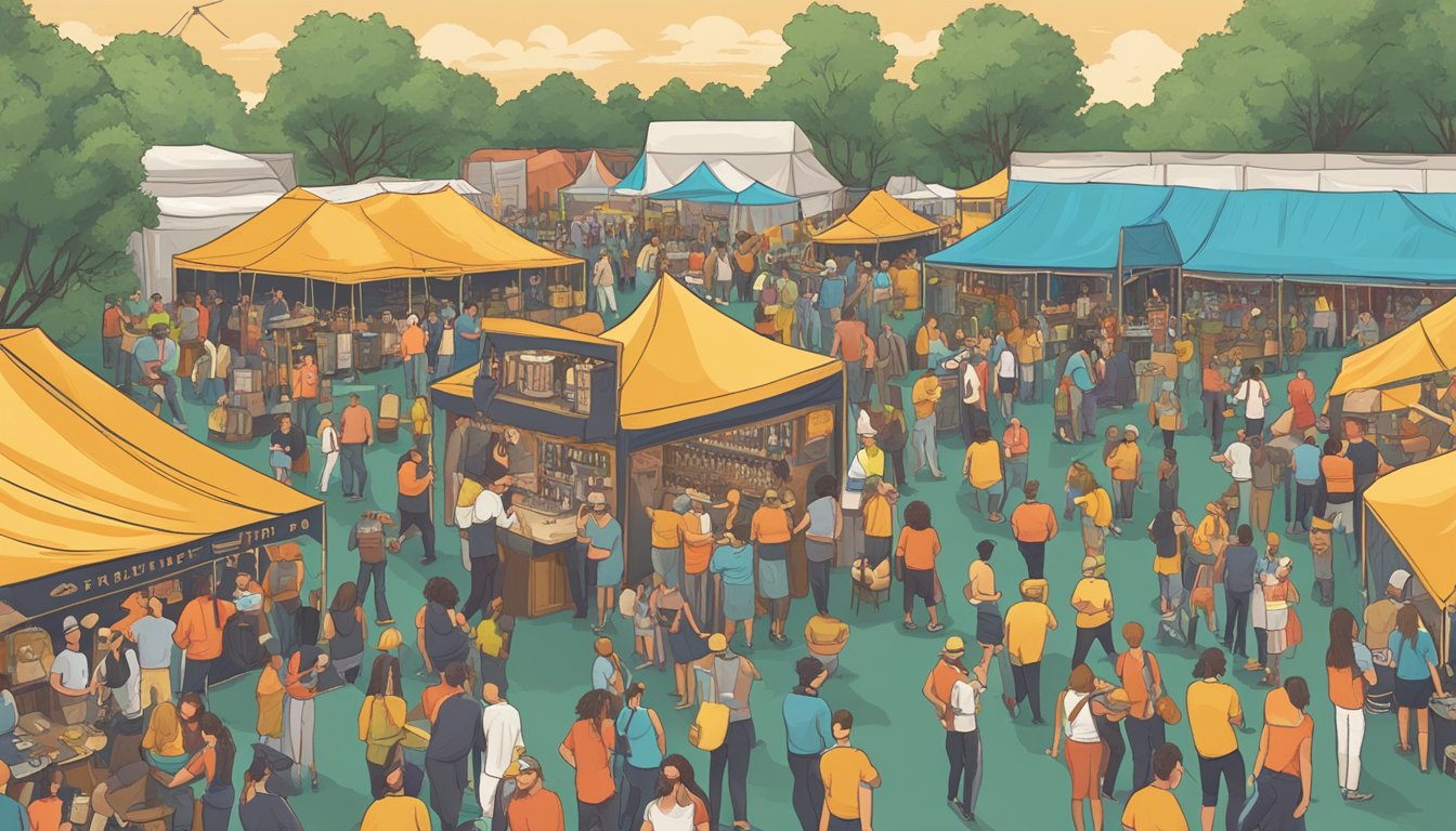 A bustling craft beer festival in New Orleans, with colorful tents and banners, live music, and enthusiastic attendees sampling a variety of local brews