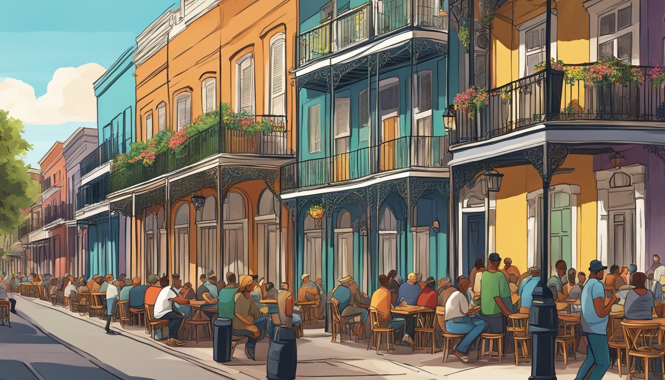 A bustling New Orleans street lined with colorful craft beer breweries and lively outdoor seating