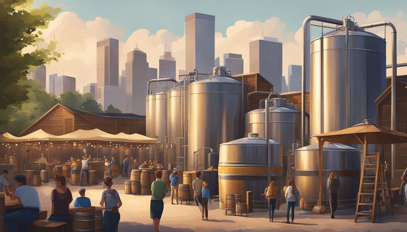 A bustling brewery with patrons enjoying pints, surrounded by towering stainless steel tanks and wooden barrels, with the Minneapolis skyline in the background