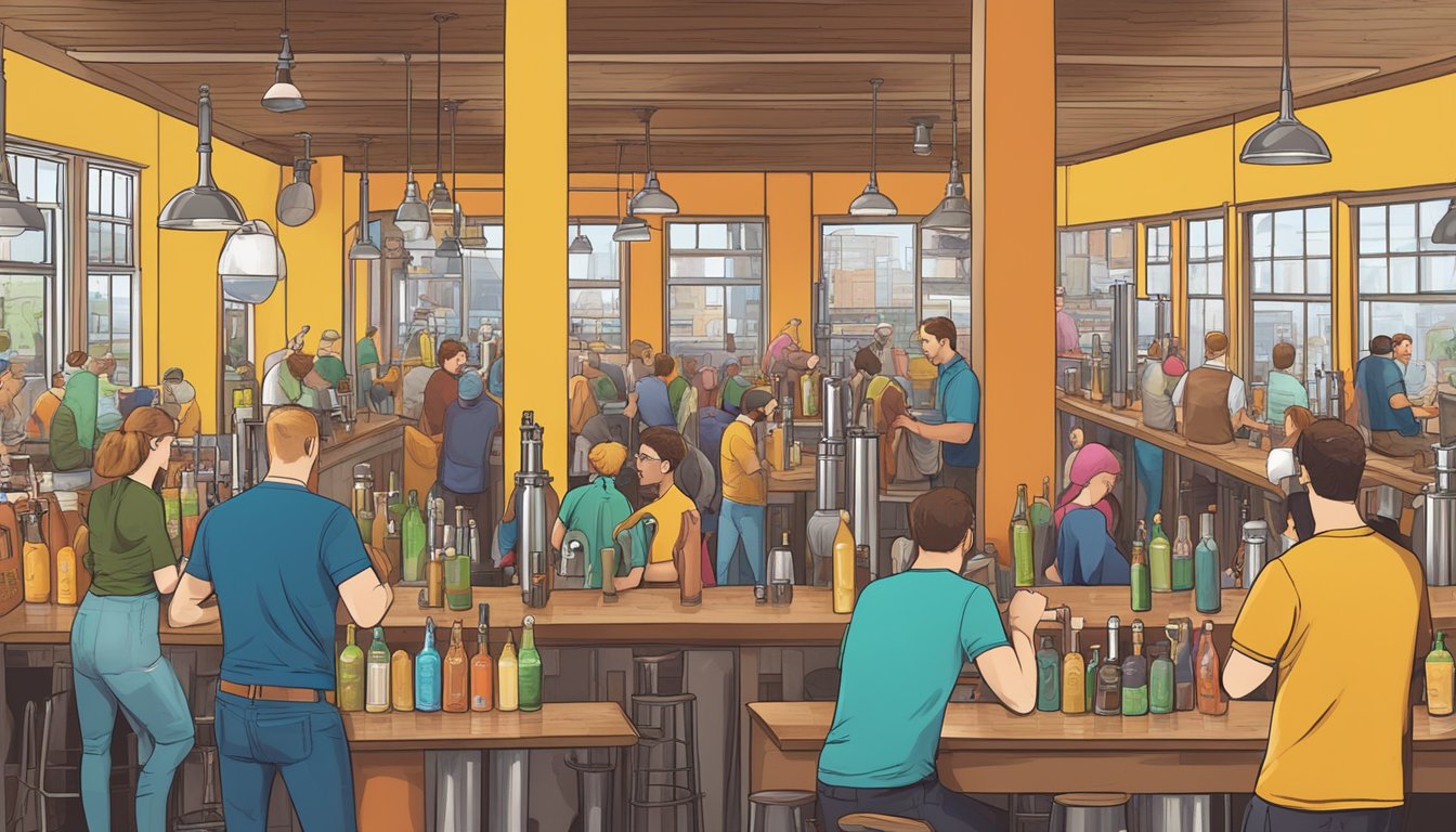 A bustling brewery scene with colorful tap handles and patrons enjoying local craft beer in Minneapolis, MN