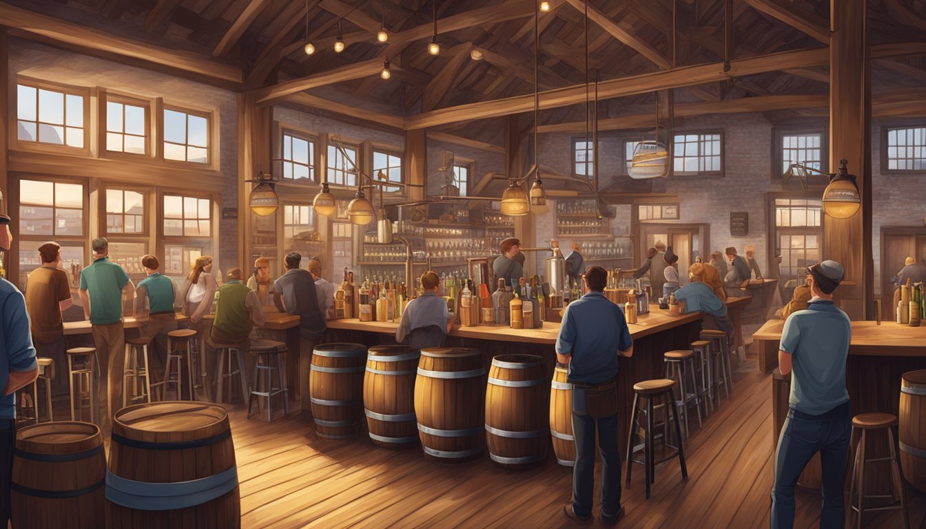 A bustling brewery scene with a variety of craft beer taps, wooden barrels, and patrons enjoying drinks in a historic building