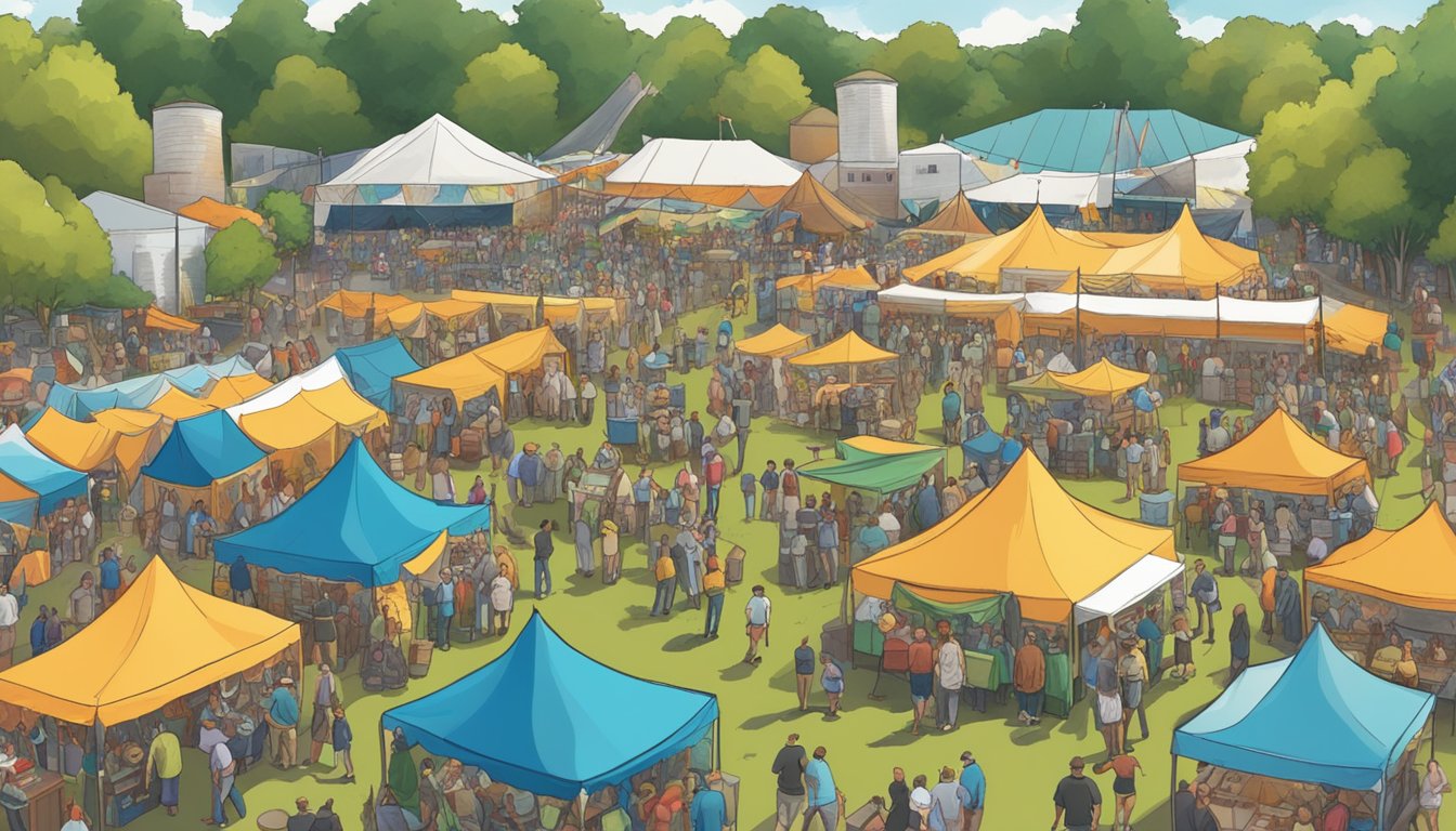 A bustling craft beer festival with colorful tents and banners, surrounded by a lively crowd enjoying local brews in Brockton, MA