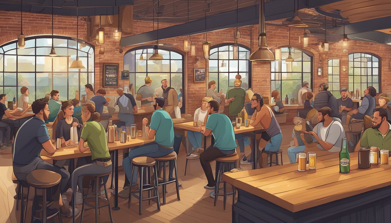 A bustling brewery taproom with patrons enjoying local craft beers and engaging in lively conversations