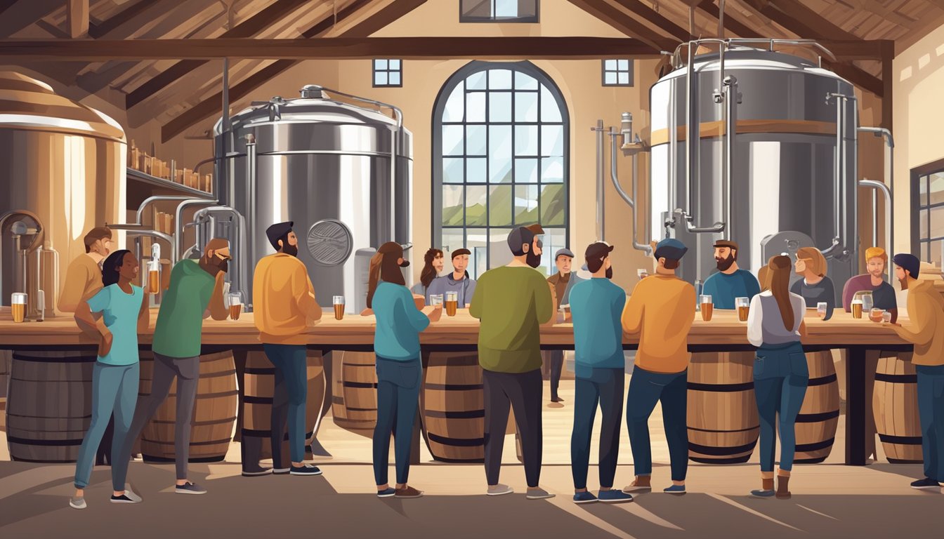 A group of people enjoy craft beer tasting at a local brewery, surrounded by stainless steel brewing equipment and wooden barrels