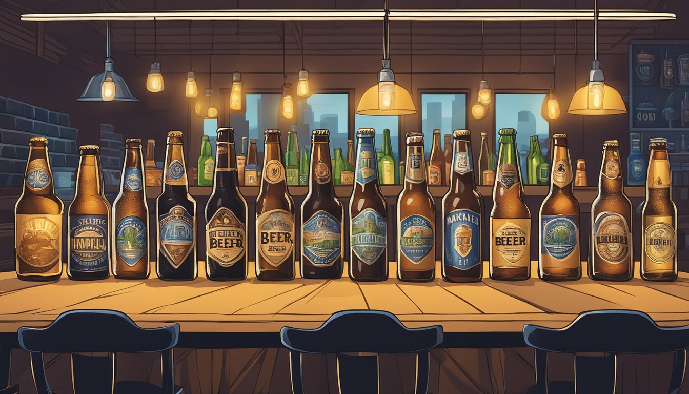 A table adorned with various local craft beer bottles and glasses, illuminated by a spotlight, with a Minneapolis, MN sign in the background