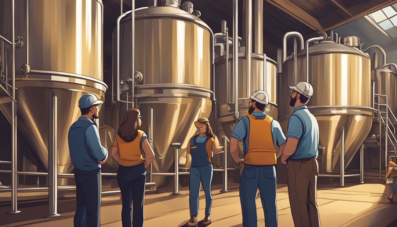 A brewery tour guide explains the brewing process as visitors observe the large vats and machinery in the dimly lit room