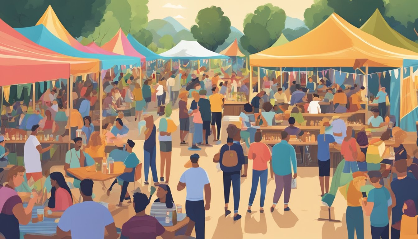 A lively outdoor festival with colorful tents, tables, and banners. Local craft beer vendors serve samples to a diverse crowd. Music fills the air