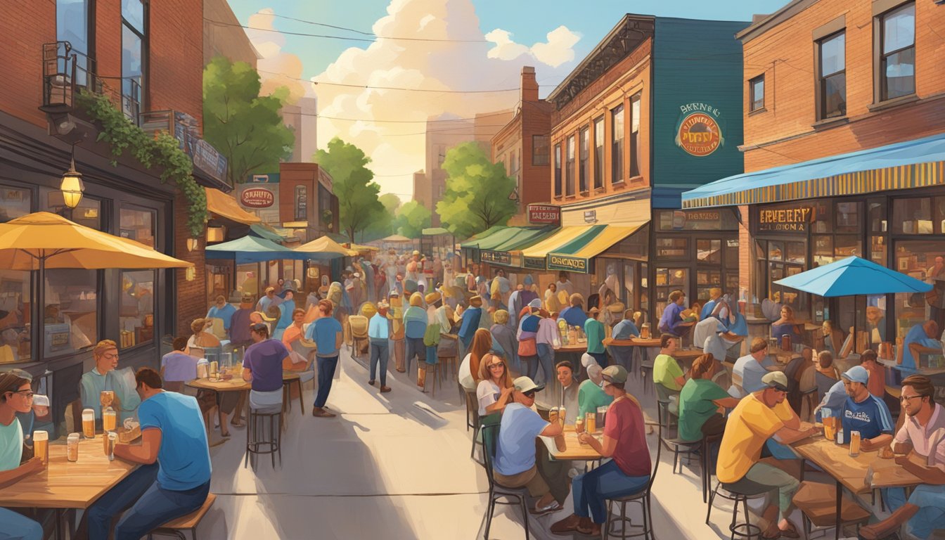 A bustling street lined with colorful brewery signs, patrons enjoying craft beer at outdoor tables, and a lively atmosphere in Minneapolis, MN