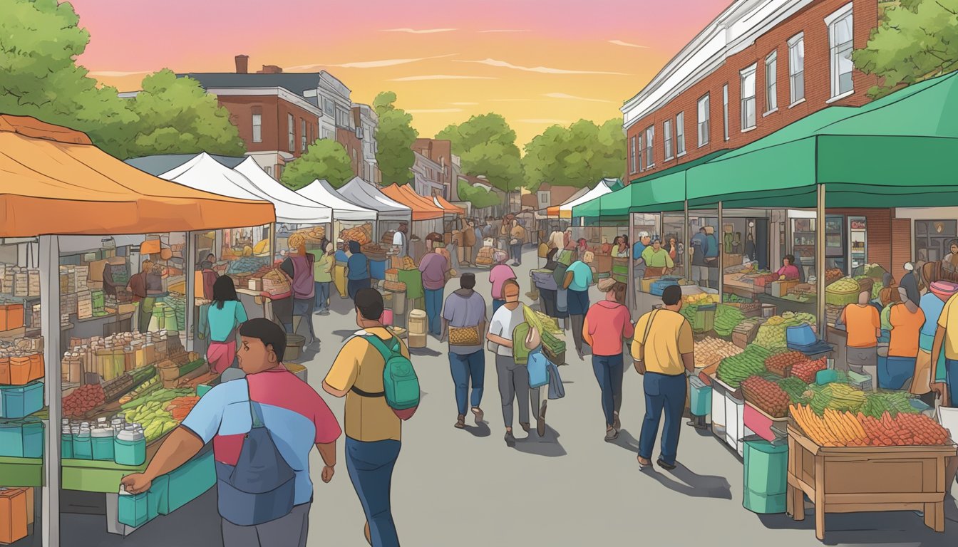 A bustling street market with colorful craft beer vendors and enthusiastic customers in Brockton, MA