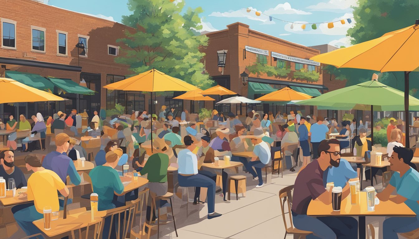 A bustling beer garden with colorful umbrellas and lively patrons enjoying local craft brews in Minneapolis, MN