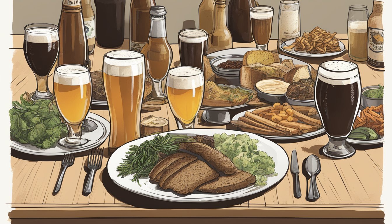 A table set with a variety of local craft beers from Lowell, MA, alongside plates of carefully paired food