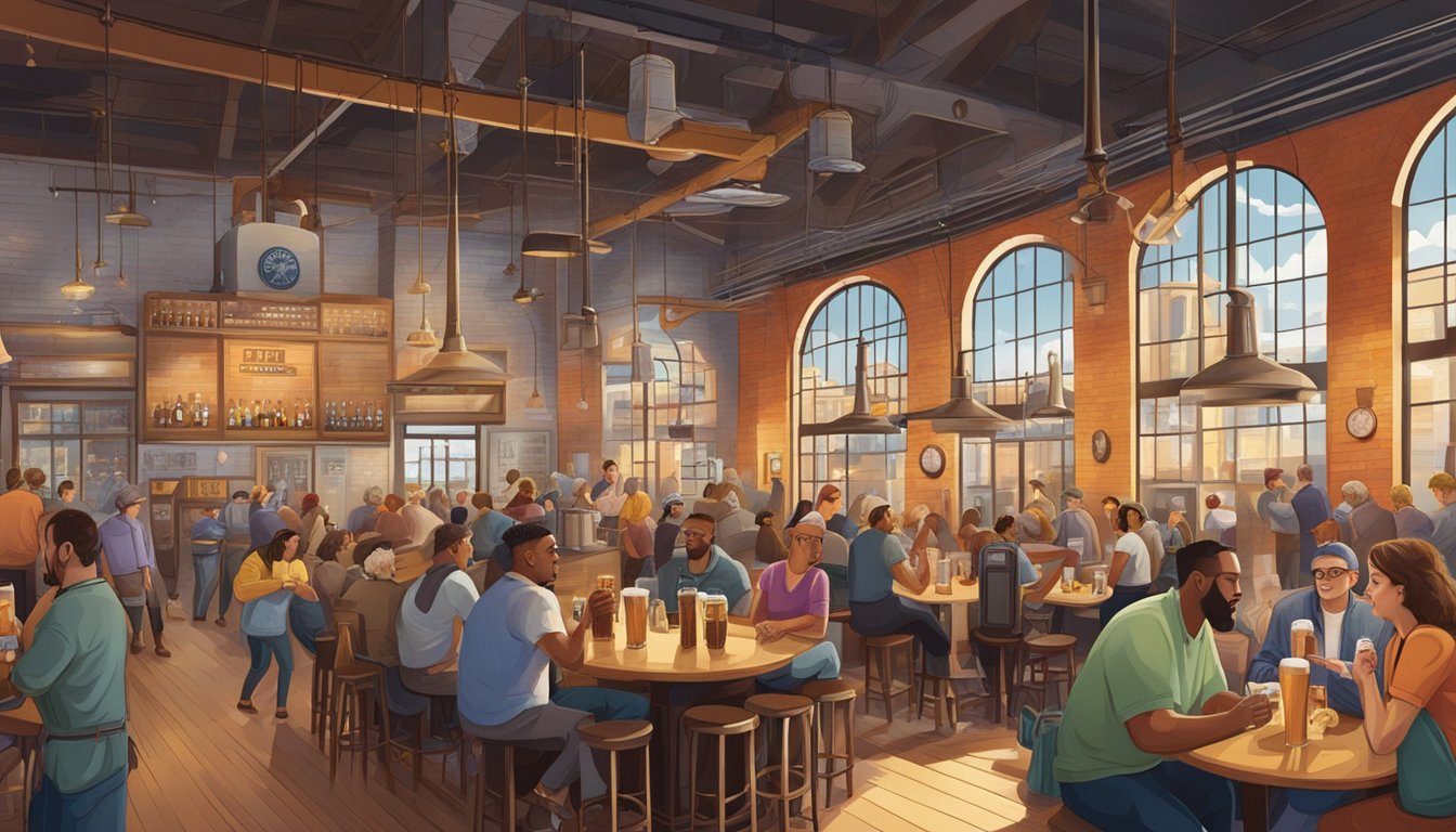 A bustling brewery scene with diverse patrons enjoying craft beer in Minneapolis, MN. Various cultural elements are incorporated into the decor and atmosphere