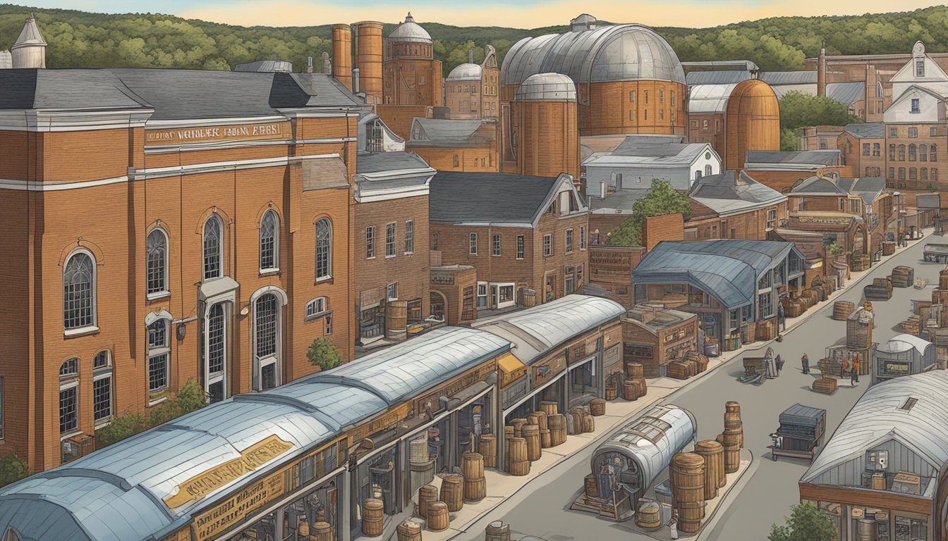 A bustling brewery scene in Lowell, MA with iconic buildings and beer barrels lining the streets, showcasing the influence of prominent Massachusetts breweries