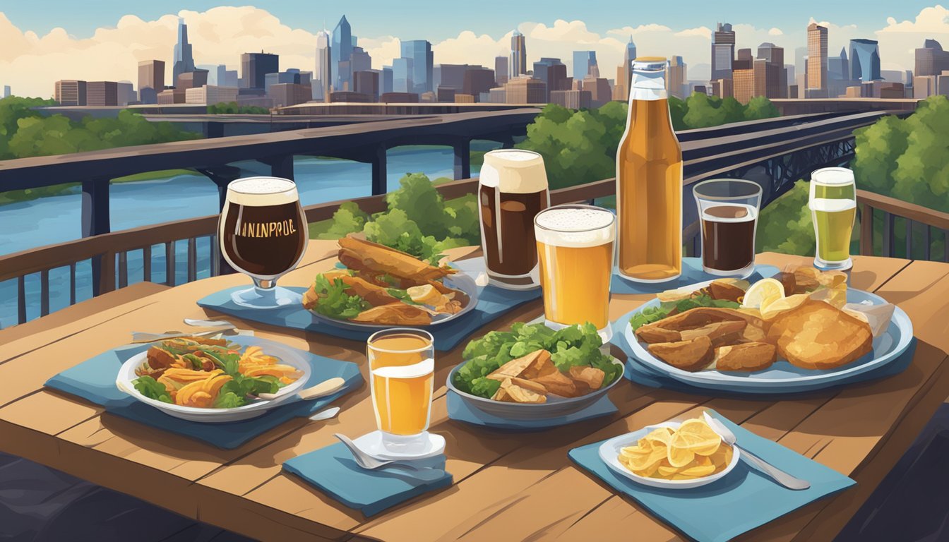 A table set with a variety of local craft beers and dishes, with Minneapolis landmarks in the background