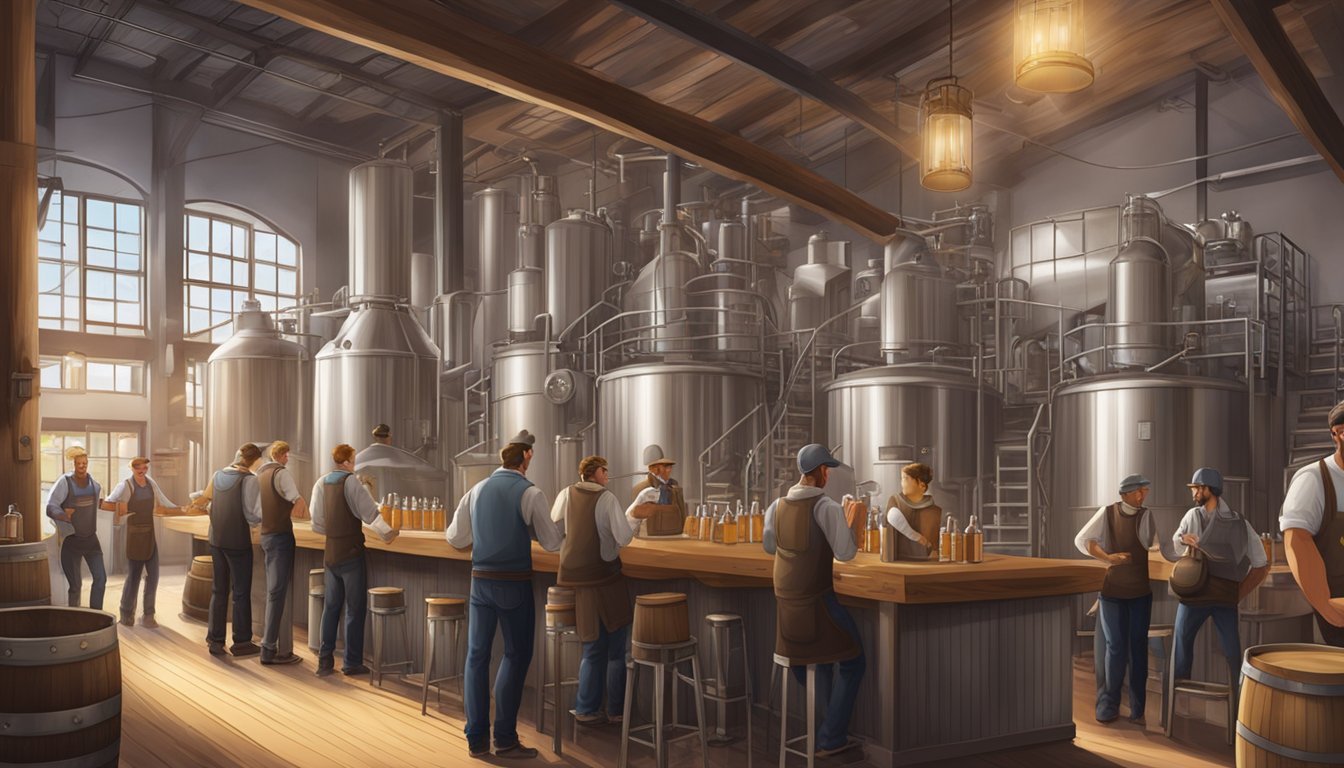 A bustling brewery with stainless steel tanks and wooden barrels, surrounded by workers in aprons and visitors sampling beers at a bar