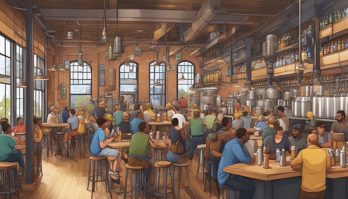 A bustling brewery scene with diverse beer styles, local ingredients, and vibrant taproom atmosphere in Minneapolis, MN