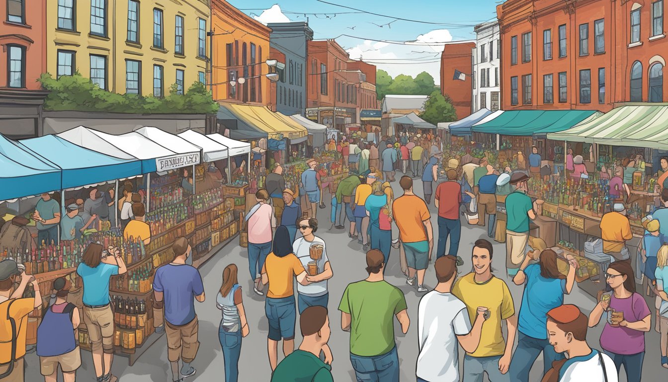 A bustling craft beer festival in Lynn, MA, with rows of colorful beer taps, vendors, and excited patrons sampling local brews