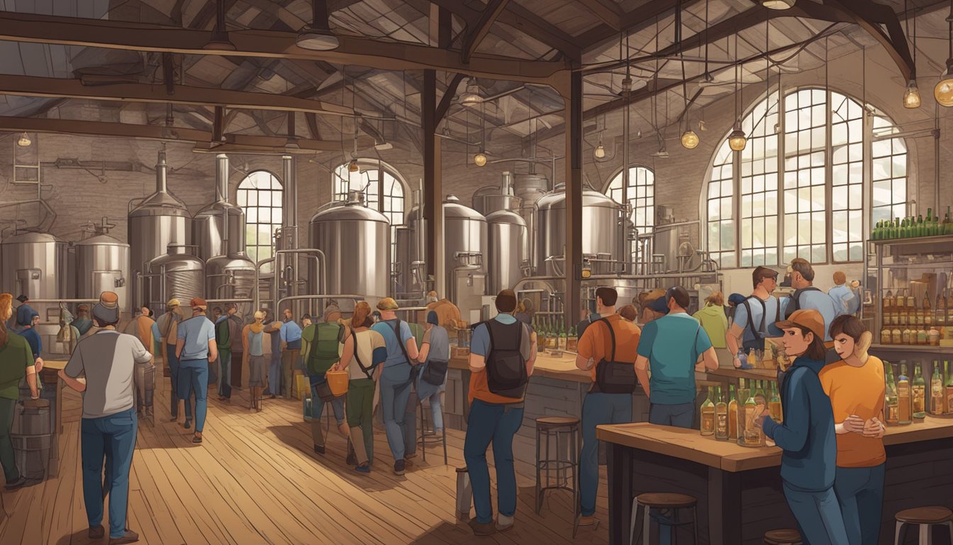 A bustling brewery with visitors sampling beers and taking tours