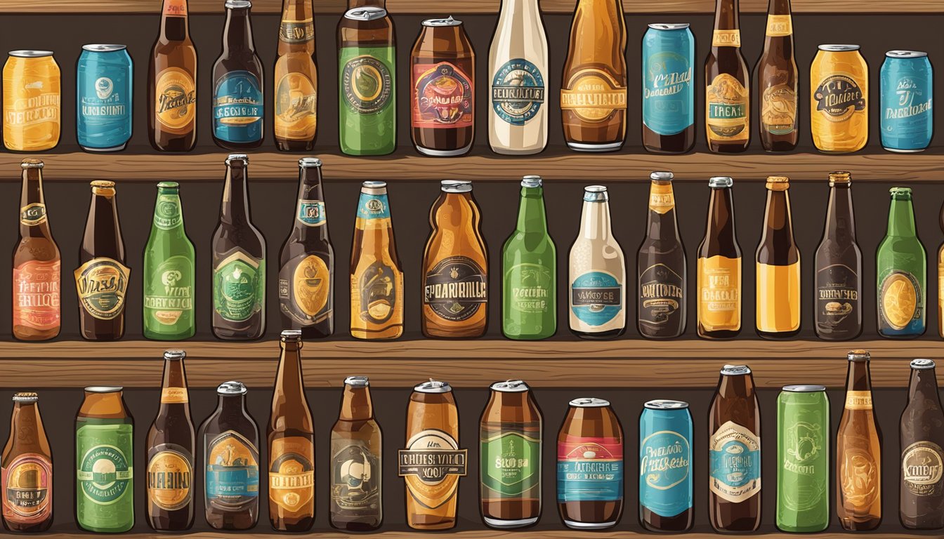 A variety of craft beer bottles and cans arranged on a wooden table with brewery logos and colorful labels