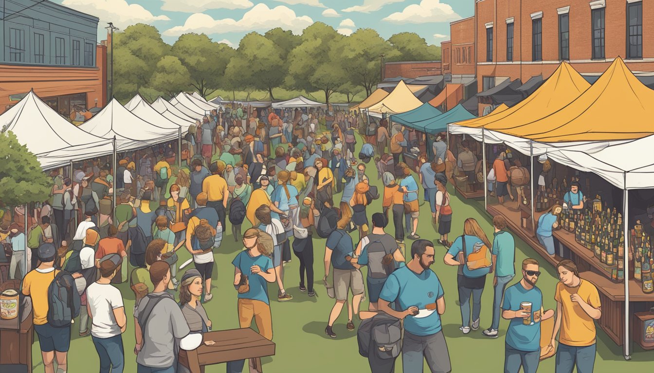 A bustling craft beer festival in Columbia, MO, with diverse breweries and enthusiastic patrons sampling unique brews