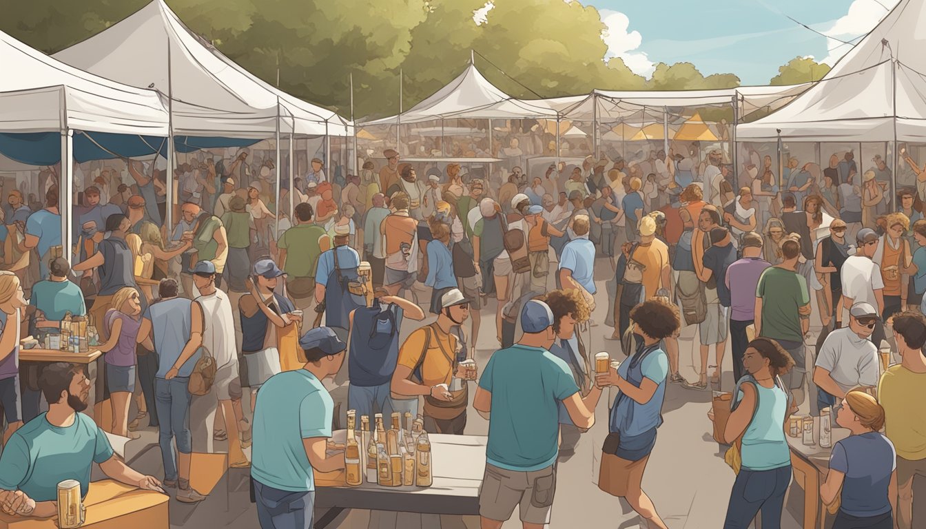 A bustling craft beer festival with diverse beer tents, live music, and enthusiastic beer enthusiasts sampling and enjoying the local brews