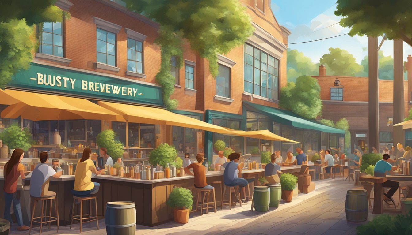 A bustling craft brewery scene with diverse buildings and outdoor seating, surrounded by lush greenery and a vibrant atmosphere