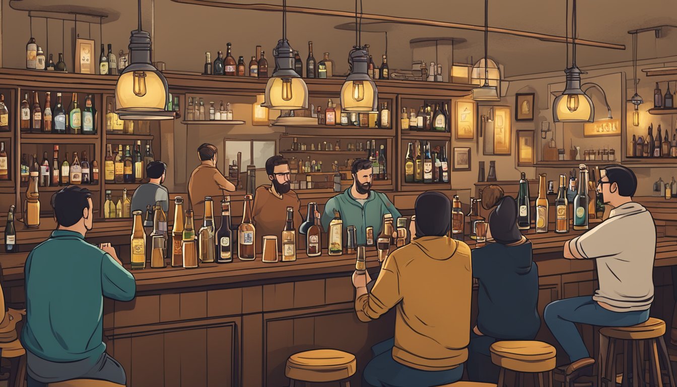 A cozy bar scene with a variety of craft beer taps, bottles, and glasses, surrounded by locals enjoying the atmosphere