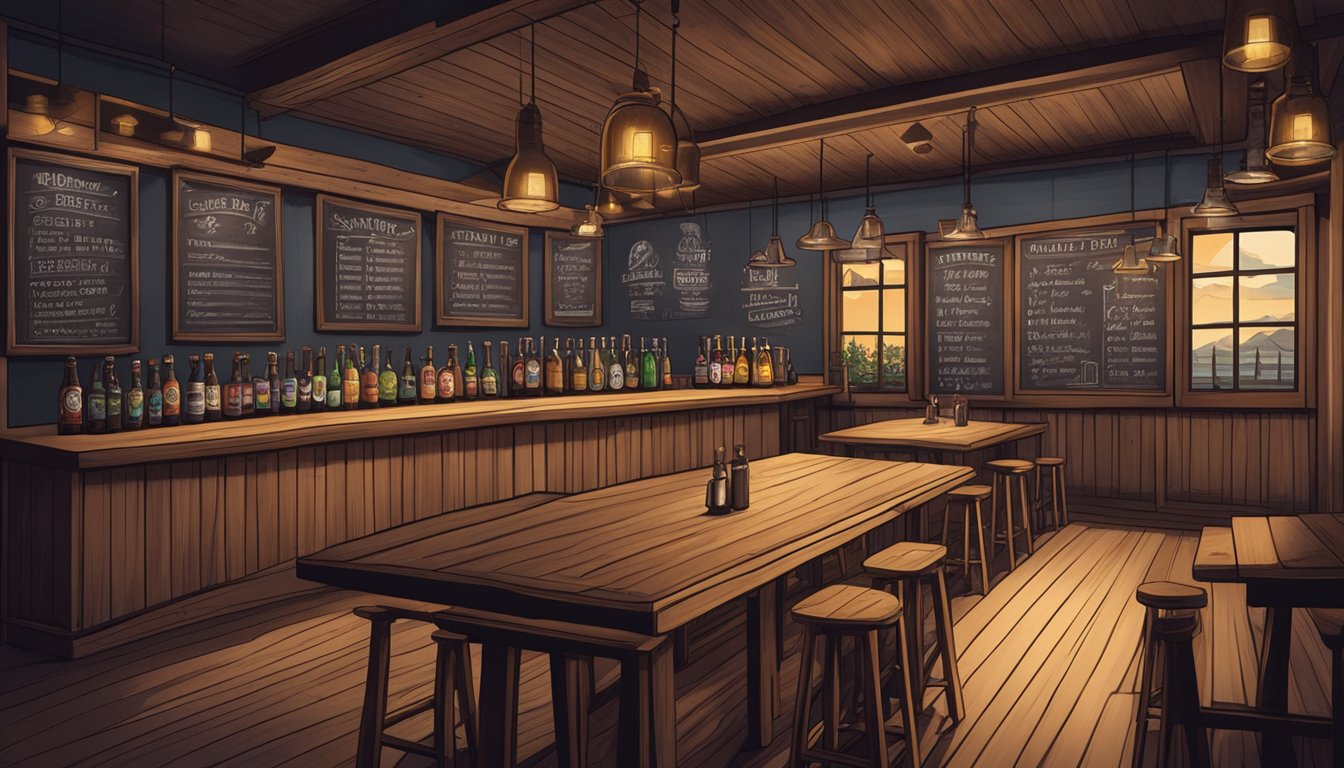 A cozy taproom with rustic wooden tables, dim lighting, and shelves lined with craft beer bottles and mugs. A chalkboard menu lists the local brews on offer