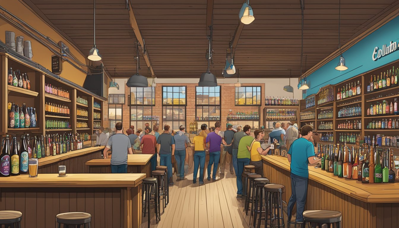 A bustling brewery taproom, filled with patrons sampling a colorful array of craft beers from Columbia, MO. Rows of taps line the bar, while shelves display an assortment of beer bottles and cans