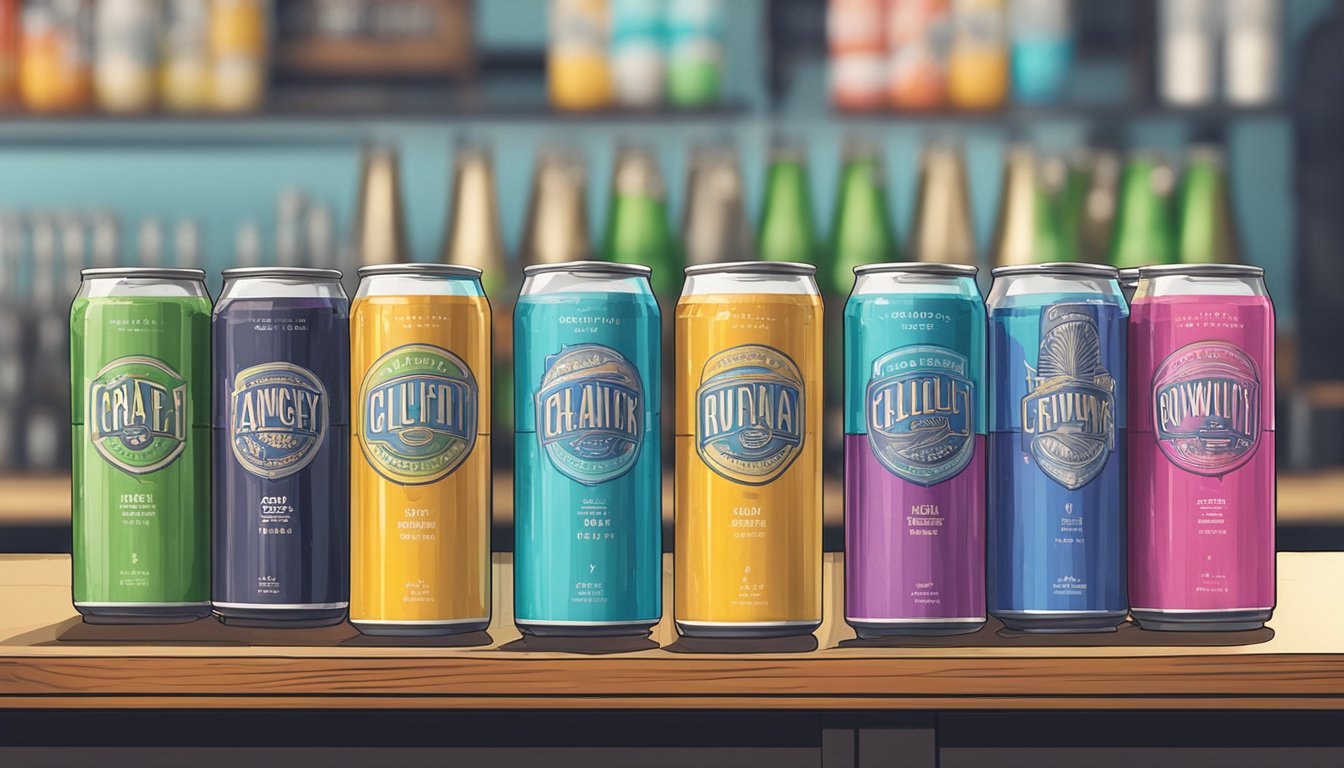 A row of colorful craft seltzer cans lined up on a bar, surrounded by brewery equipment and quirky decor in a trendy Quincy, MA taproom