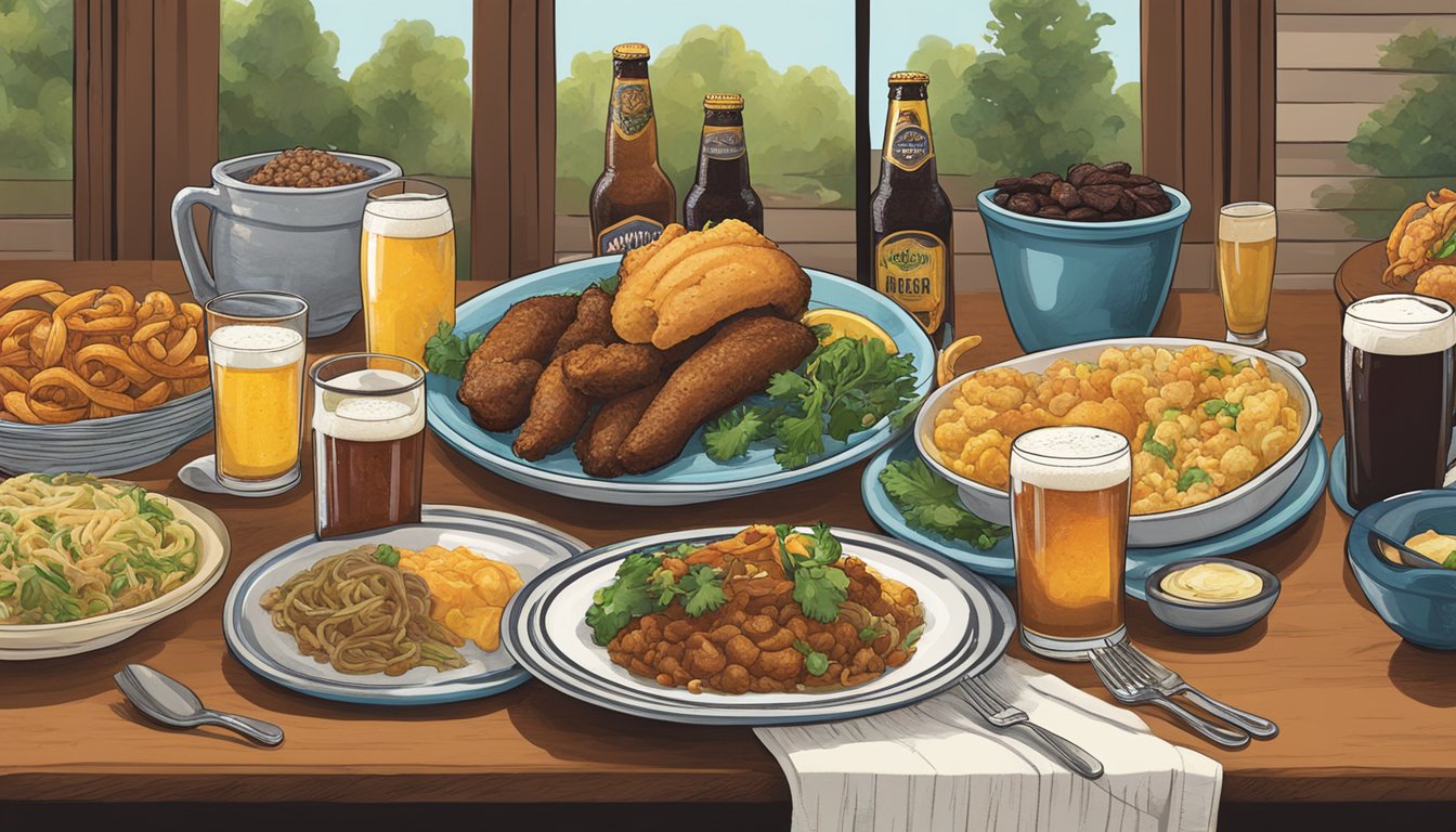 A table set with local craft beers from Columbia, MO, alongside dishes of regional cuisine