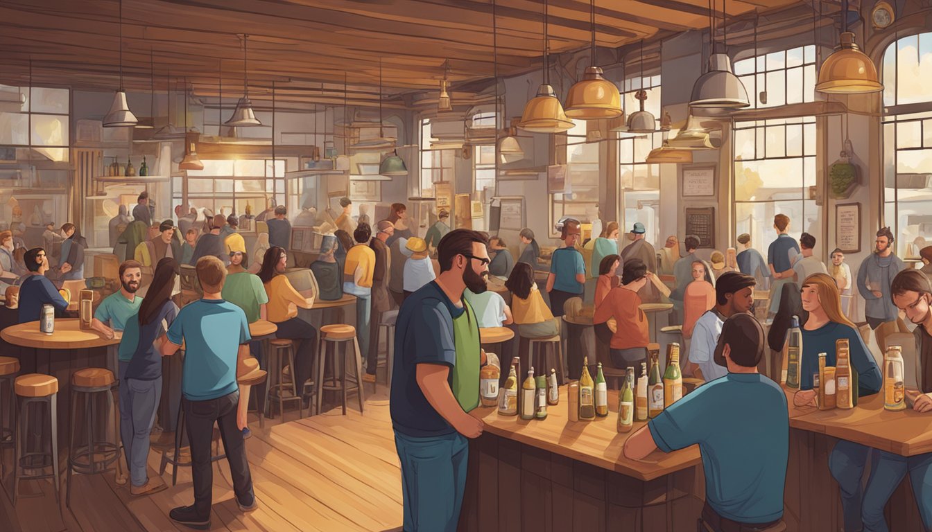 A bustling local brewery scene with diverse craft beer offerings and lively patrons enjoying the atmosphere