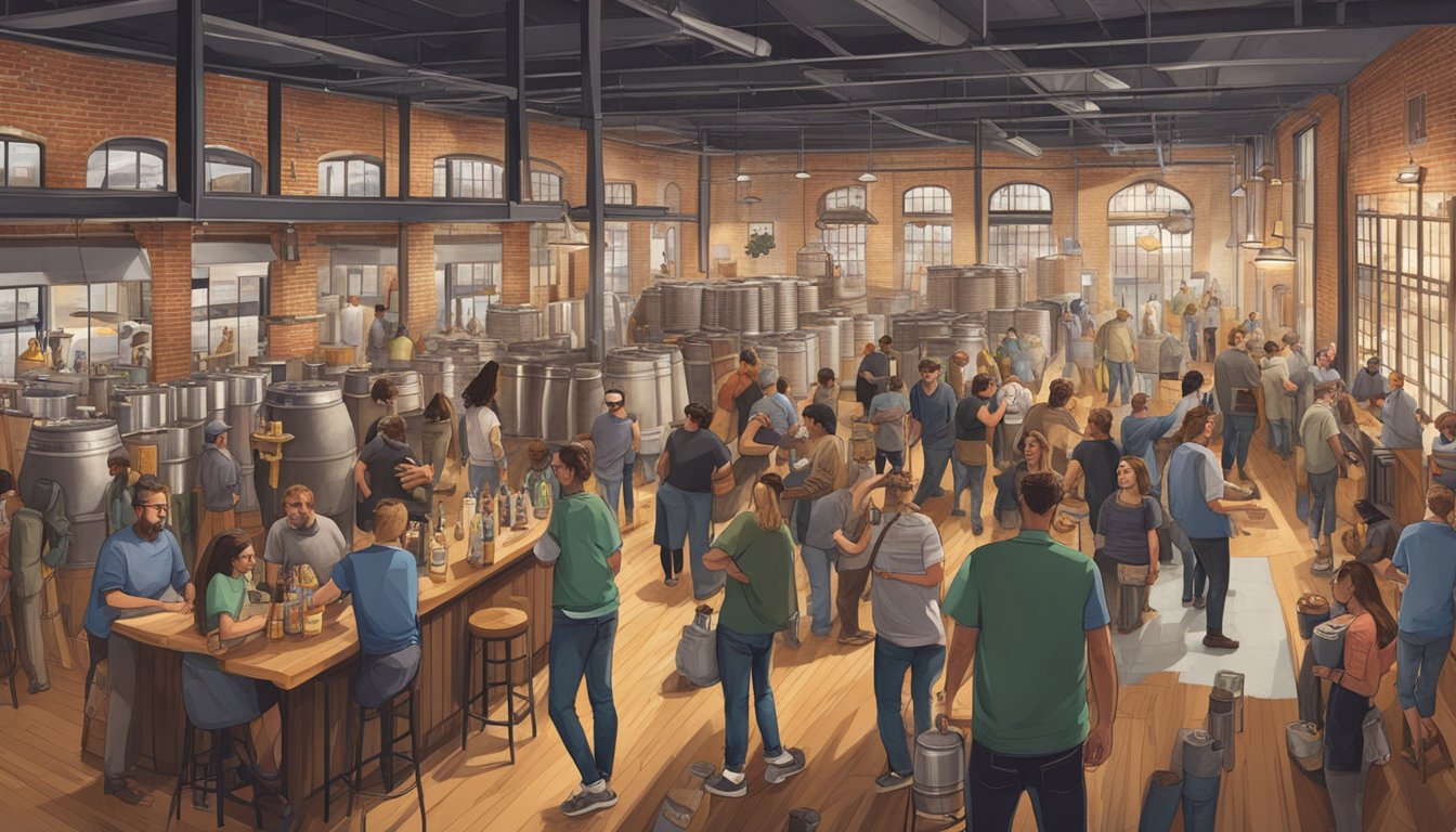 A bustling brewery scene in Baltimore, with various craft beer brands on display and people enjoying tastings and socializing