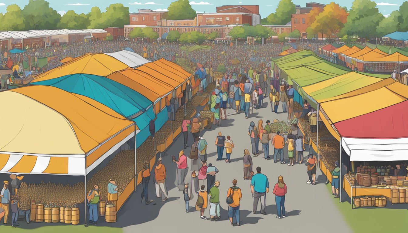 A bustling craft beer festival in Springfield, MA, with rows of colorful brewery tents and a lively crowd sampling local brews